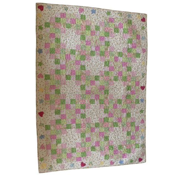 Handmade Patchwork Baby Quilt Pink & Green Floral /Star / Heart Reversible - Picture 5 of 16